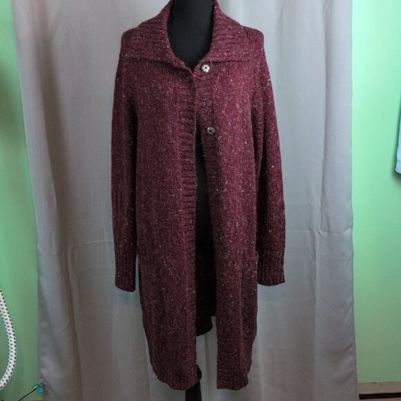 Coldwater Creek Burgundy Knit Cardigan X-Long Crochet Style XL - Picture 1 of 9